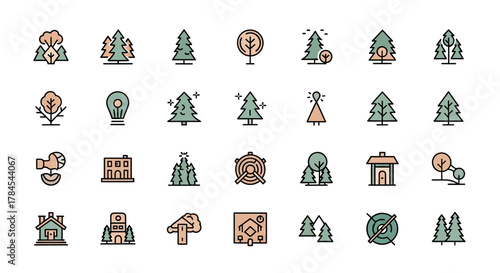Collection of stylized, vector illustrations of trees, architectural structures, and other related graphic icons with a minimalist, geometric aesthetic and a soft, muted color palette