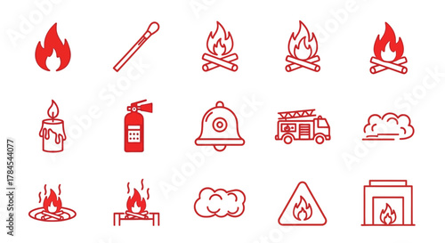 Red outlined icons depict fire-related imagery including flames, matches, bonfires, candle, extinguisher, bell, fire truck, smoke, warning sign, and fireplace