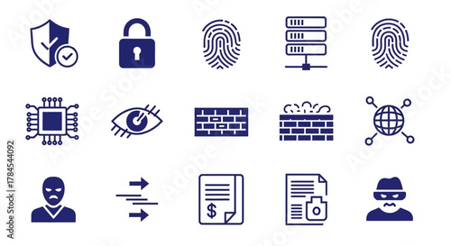 A set of 12 navy blue flat icons on a white background. Icons include a shield, lock, fingerprint, server, CPU, eye, brick wall, global network, and a hooded figure