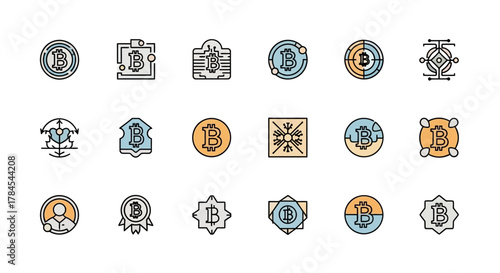 A set of 15 colorful, stylized icons, each featuring the Bitcoin symbol ("B") within different geometric designs and outlines. The icons employ a consistent color palette