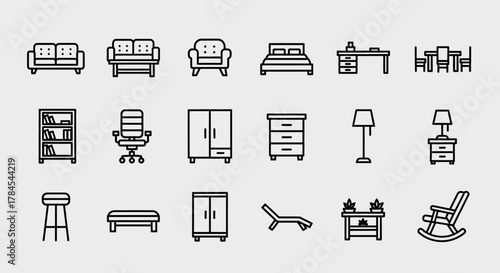 Outlined line drawings depict home furnishings, including sofas, beds, tables, chairs, bookshelves, lamps, and decorative elements. Clean and minimalist style, uniform weight