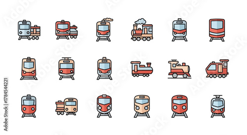 Colorful illustrations of various trains in a flat design style, featuring different front and side views of locomotives and carriages on tracks. The icons have a simple outline