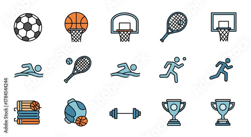 A collection of stylized sports icons, including a soccer ball, basketball, tennis racquet, swimming figures, runners, trophies, barbells and more. Clean design and outline style