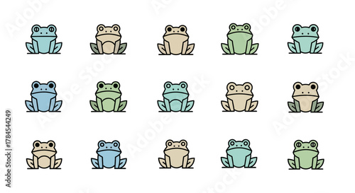 A collection of fifteen stylized frog illustrations. Each frog has a distinct color scheme and simplified, geometric design. They are arranged in three rows of five