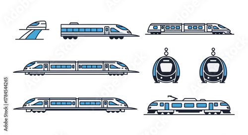 A collection of stylized illustrations depicting different high-speed train designs, shown in various angles and perspectives. The trains are white with blue accents