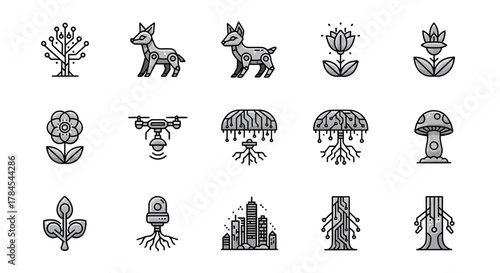 Futuristic monochrome icons showcasing nature integrated with technology, including animals, flora, and structures. The designs feature circuit board elements