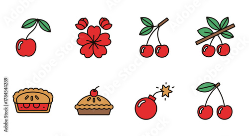 Vector illustration featuring cherry fruit icons, floral elements, and pies. The design is simple, flat, and cartoonish. A bomb icon with a lit fuse is included