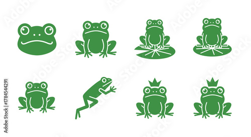 Eight green stylized frog illustrations in various poses. Some sit on lilypads, one leaps, two wear crowns, and one is just a head. All against a white background