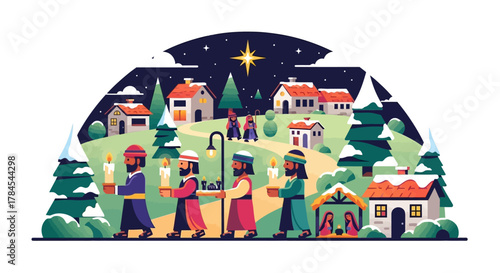 Biblical Magi journey on Epiphany, walking through a winter village to the holy nativity scene under a bright star