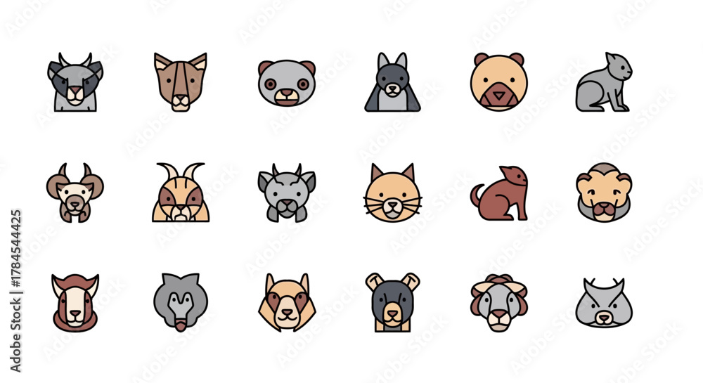 Fototapeta premium A collection of simple, colorful icons featuring various animal heads, including mammals and birds, presented in a flat design style with bold outlines