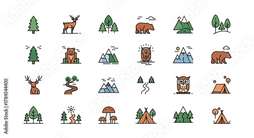 A collection of vibrant vector icons depicting nature-themed elements such as trees, animals, mountains, mushrooms, tents, streams, and the sun. Illustrations utilize a clean, flat design style