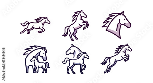 A collection of stylized horse illustrations, each in different poses and arrangements. Outlines are dark, with subtle interior color. Several depict multiple horses, or just a horse's head
