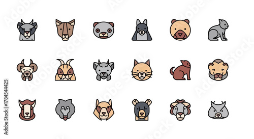 A collection of simple, colorful icons featuring various animal heads, including mammals and birds, presented in a flat design style with bold outlines