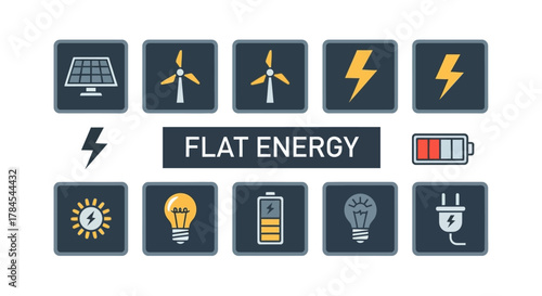 A flat design graphic showcasing various energy sources and symbols. Includes solar panels, windmills, lightning bolts, light bulbs, and battery icons. The text "FLAT ENERGY" is present