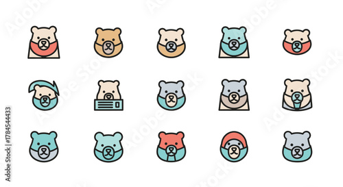 Colorful illustrations of bear faces wearing protective masks. Designs feature varied colors, styles, and shapes. Some bears have headwear or are in a container. All have outlined details