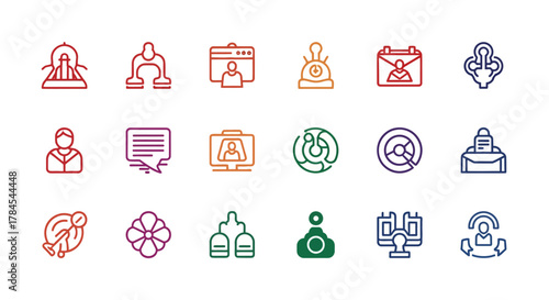 A collection of 15 colorful outlined icons depicting diverse symbols such as people, communication tools, flowers, and technological representations