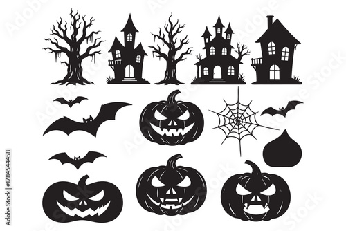 vector set halloween silhouette featuring spooky trees, haunted houses, carved pumpkin faces, spider webs, bats, and pumpkin shapes. Halloween icon. Halloween icon set.