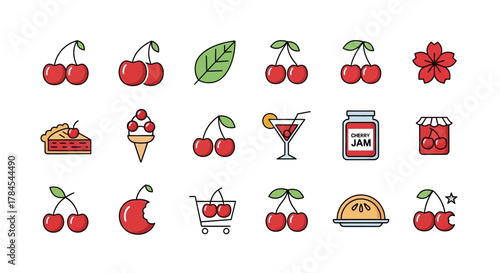 A colorful collection of vector illustrations showcasing cherries, including whole, bitten, on various foods, in a cocktail, and in a jar