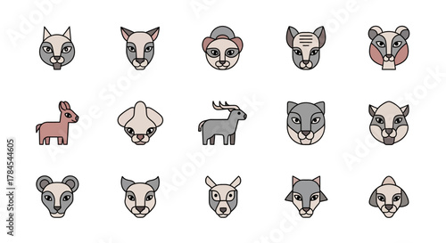 Collection of stylized animal illustrations in a geometric design, featuring various animals, with a consistent color palette and clean lines