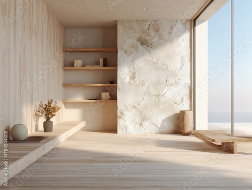 Minimalist interior space with natural materials wood