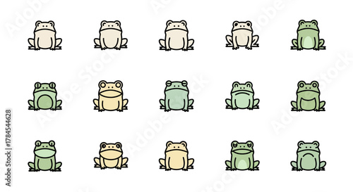 A grid of stylized frog illustrations in various pastel hues and facial expressions. Each depicts a simple, cartoonish frog with black outlines and expressive features
