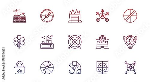 A series of line-art icons in a gradient color scheme, depicting various technological and industrial concepts. The shapes include circles, factories, and interconnected systems
