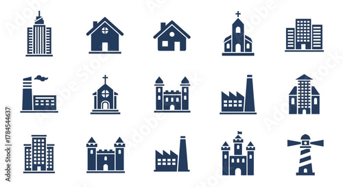 A collection of architectural icons in a monochrome palette. Depictions include homes, churches, factories, castles, office buildings and a lighthouse. Simple vector outlines on a white background