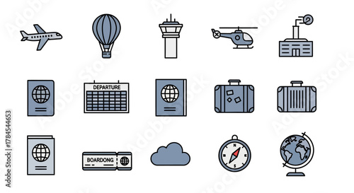Vector icons representing elements of travel and aviation. The set includes a plane, balloon, control tower, helicopter, passport, calendar, luggage, boarding pass, cloud, compass, globe, and building