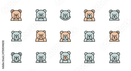 A collection of stylized teddy bear icons, presented in rows, with variations of skin tones and muted colors. Each bear has defined features and a simple outline