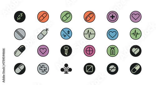 Colorful, round icons depict medical and healthcare symbols on a white background. Shapes include pills, hearts, cross, and a heartbeat. Some are within circles and feature bold black outlines