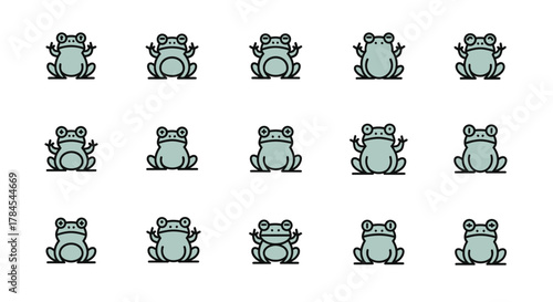 Fifteen cartoony frogs in various poses. Each is a simplified drawing with consistent color and outline, showing off playful expressions. The frogs are all facing forward