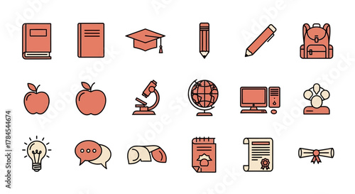 A collection of educational icons in a simple, flat design. The illustration features book, apple, microscope, globe, computer, idea, speech bubble, diploma, pencil, backpack, and more