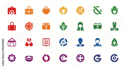 A collection of vibrant, simple icons in various shapes and colors, arranged on a white background. Each icon represents different concepts, featuring a distinct visual style