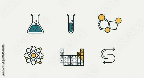 A vector illustration depicts science elements flasks, test tubes, molecule, atomic model, periodic table, and arrows. All are outlined with color fills