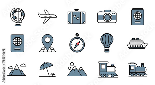 Collection of travel icons with a world globe, passport, plane, suitcase, camera, compass, balloon, cruise ship, mountains, beach umbrella and train