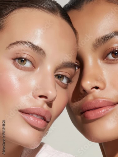 Two women showcase fresh, natural makeup looks with glowing skin and subtle lip colors in a studio setting perfect for beauty enthusiasts