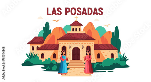 Illustration depicting Las Posadas, a traditional Mexican celebration, with festive elements