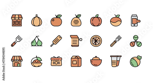 Collection of various colorful cartoon icons, including fruits, food items, shop front, utensils, and a smartphone. The icons are outlined and filled with different colors