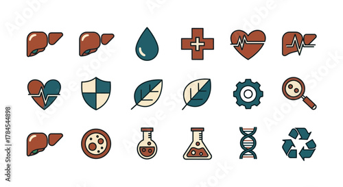 A collection of simple, flat-style icons relating to health, science, and the environment. Icons include organs, medical symbols, lab equipment, leaves, DNA, and a recycling symbol