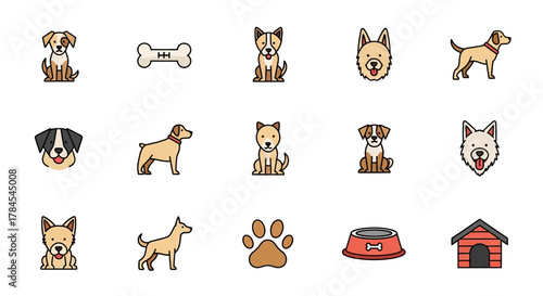 A collection of stylized dog-related icons, including dog breeds, food bowl, bone, paw print, and a dog house. All icons have a simplistic, illustrated design with a flat appearance