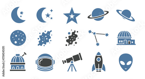 A graphic featuring celestial icons moons, stars, planets, nebulae, constellations, observatories, helmets, telescopes, rockets, and an alien face. Color scheme is blue and grey