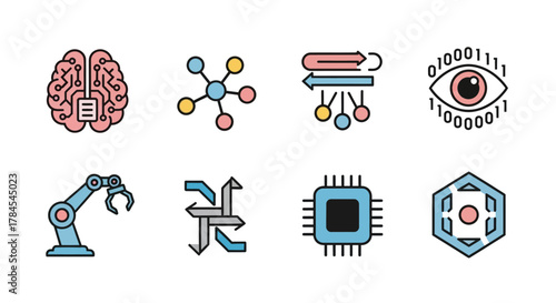 Colorful icons depicting concepts related to intelligence and automation. The icons include a brain, network, arrows, eye, robotic arm, chip, and abstract shapes, conveying complex ideas visually