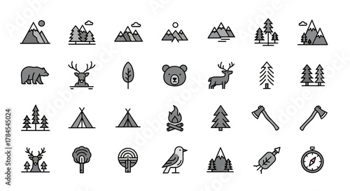 A collection of gray and black line icons depict outdoor adventures, featuring mountains, forests, wildlife, and camping elements, such as tents, axes, and a compass
