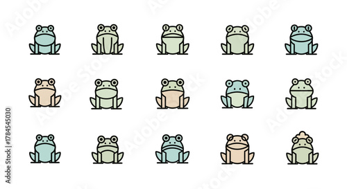 Fifteen stylized frog illustrations in varying colors and geometric shapes, outlined with black. They appear front-facing and stylized with simplistic features. The layout is three rows of five