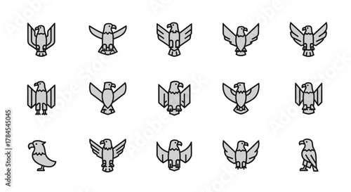 A collection of stylized eagle illustrations in various poses, featuring minimalist designs with gray fill and black outlines, set against a stark white background