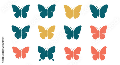 Colorful butterfly silhouettes arranged in a grid against a white background. Teal, yellow, and coral shades create a visually appealing pattern, ideal for designs