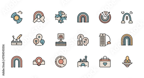 A collection of 15 colorful, stylized, outlined icons with a soft palette, each representing a different concept, from data visualization and target shooting to communication and love