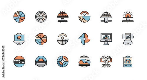 A set of 18 vector illustrations, stylized icons with clean lines and a simple color palette of orange, blue, and black, depicting various tech and geographical concepts