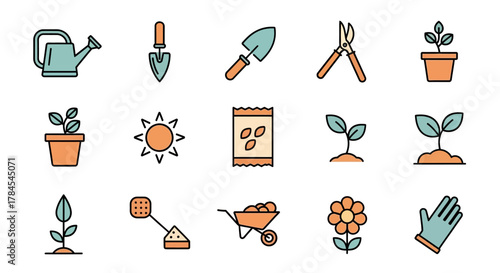 A colorful collection of garden icons, including watering can, trowel, shovel, shears, potted plants, sun, seed packet, sprouts, soil, sand sifter, wheelbarrow, flower, and gloves