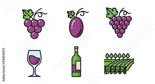A vector illustration depicts icons related to wine production. Includes grapes, a glass, a bottle, and a vineyard. Clean lines and simple color palette suggest digital graphic